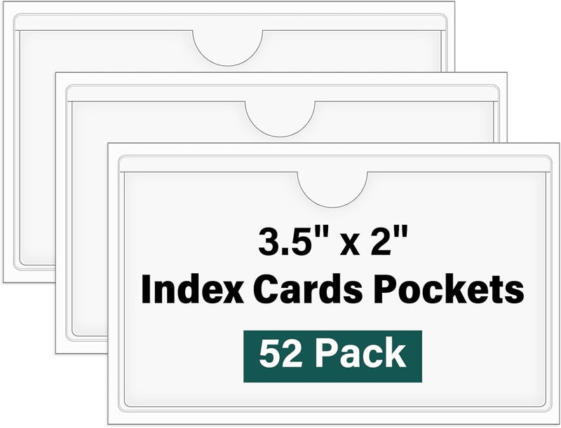Ohuimrt 52 Pack Clear Adhesive 3.5" x 2" Index Card Pockets With Top Open, Plastic Card Sleeves Index Card Holder for Organizing Storage Bins, Library Cards, Notes, Drawer - Image 1